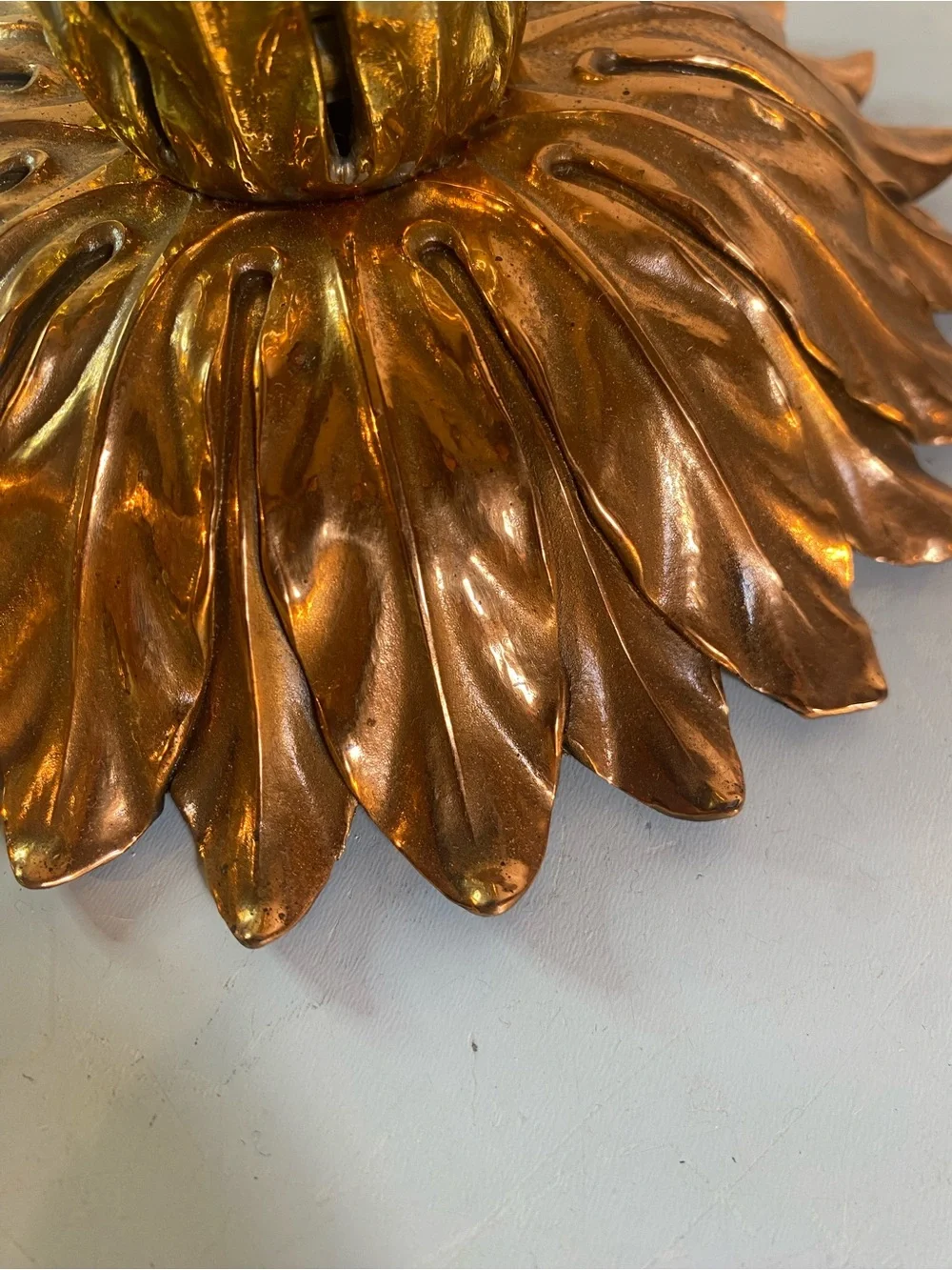 Vintage Heavy Brass Leaf Taper Candle Holder 6.5” Diameter